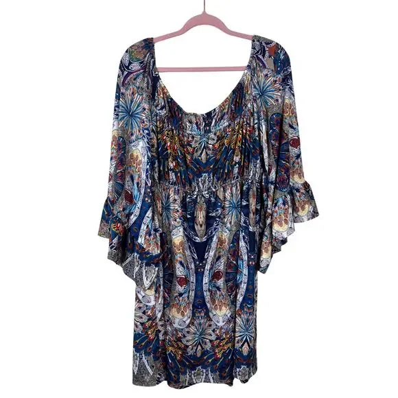 Boho Peacock Print Bell Sleeve Peasant Dress Flowy Festival XL - Picture 5 of 7